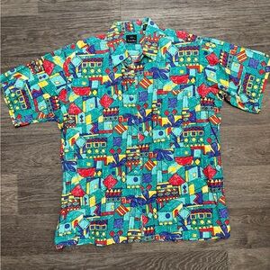Vibrant Turquoise Geometric Casual Button-Down Shirt